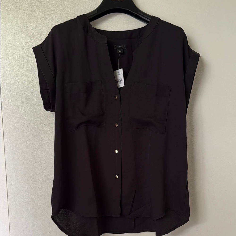 Ann Taylor Black Mandarin Collar Relaxed Blouse